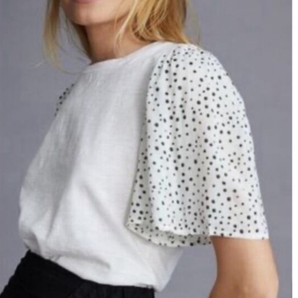 Anthropologie T.La White Top with Black Polka Dot Sleeves Size L